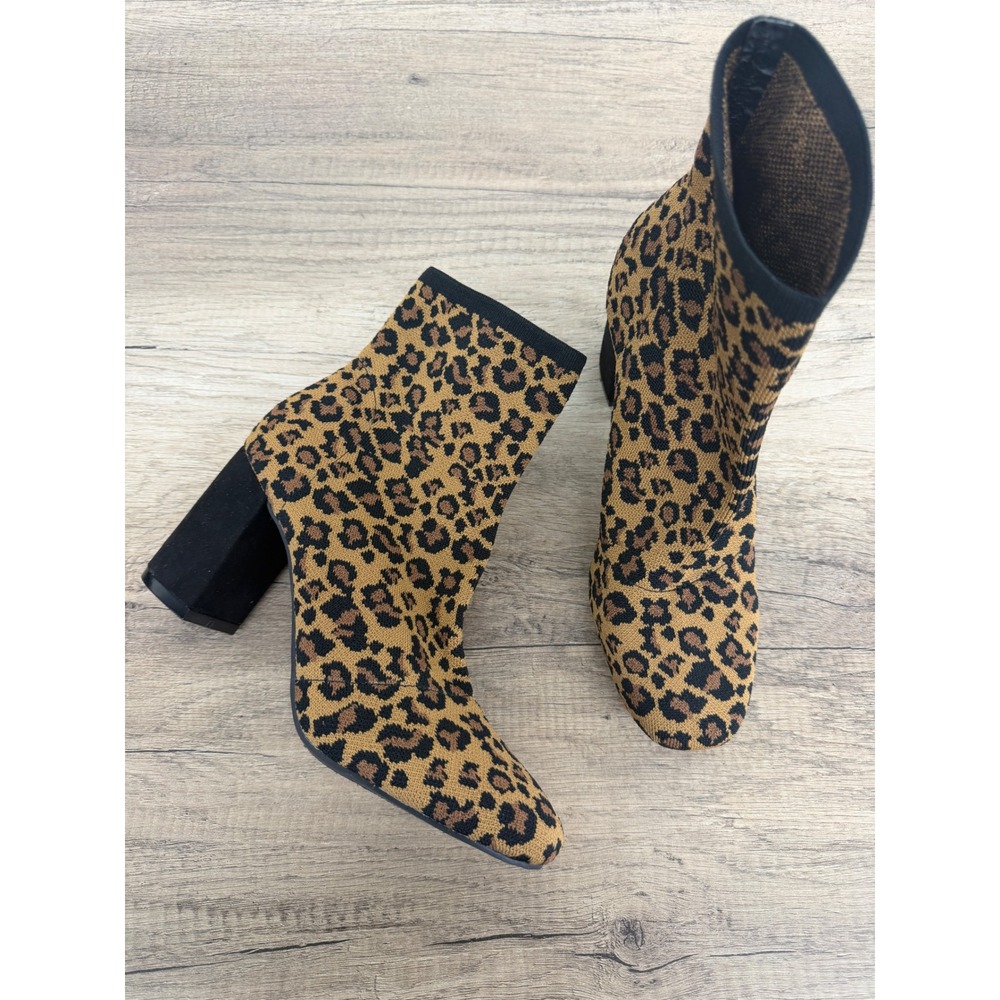 Leopard Print Sock Boots Block Heel Ankle Booties GS7553115Y Erika Tan Black 8.5